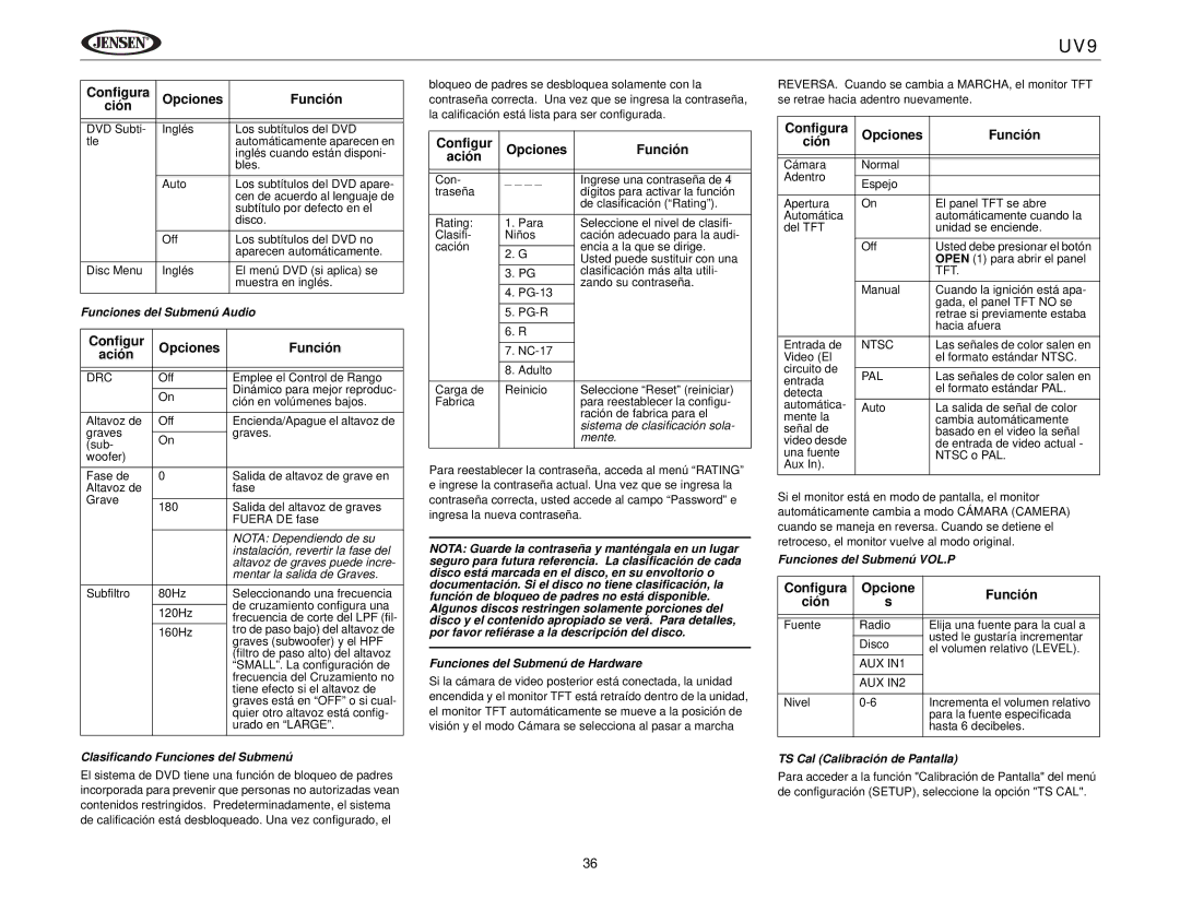 Jensen UV9 instruction manual Configur Opciones Función Ación, Configura Opcione Función Ción 