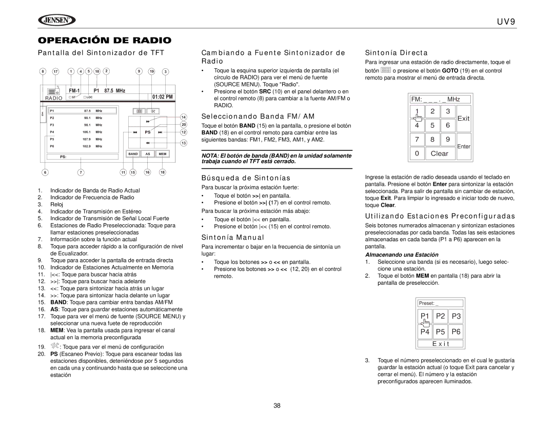 Jensen instruction manual UV9 Operación DE Radio 