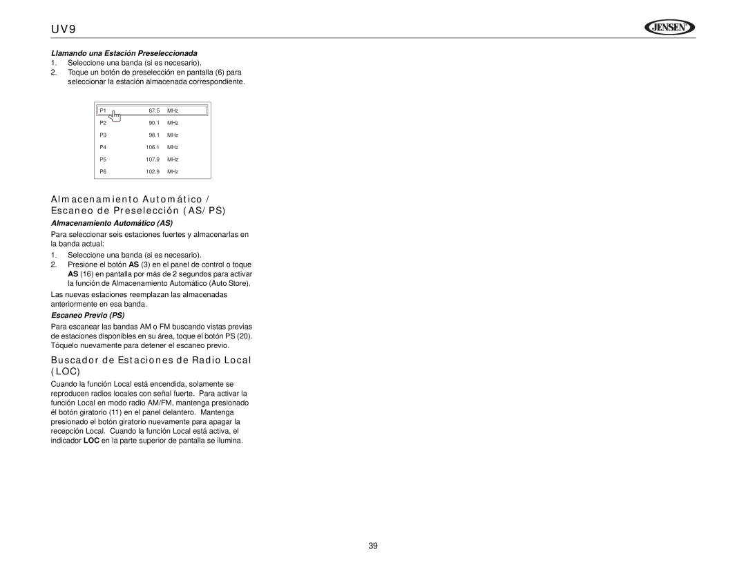 Jensen UV9 Almacenamiento Automático / Escaneo de Preselección AS/PS, Buscador de Estaciones de Radio Local LOC 