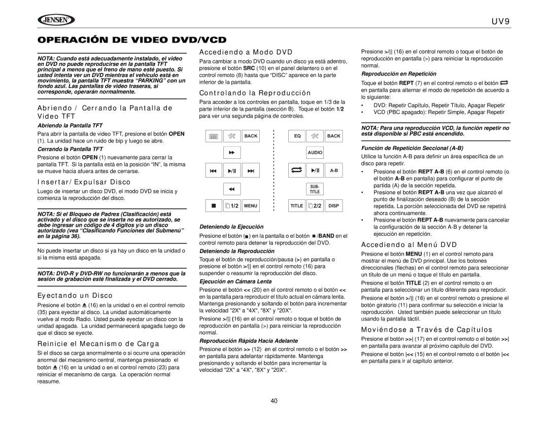 Jensen instruction manual UV9 Operación DE Video DVD/VCD 