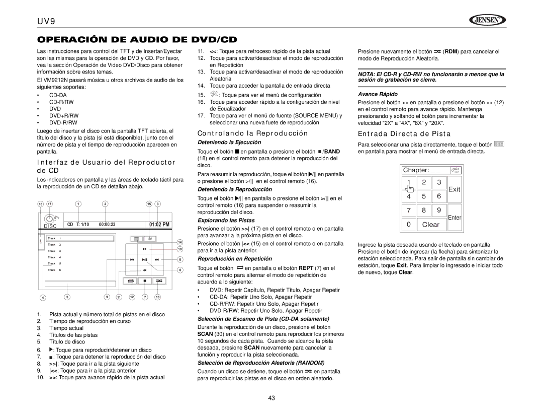 Jensen UV9 Operación DE Audio DE DVD/CD, Interfaz de Usuario del Reproductor de CD, Entrada Directa de Pista 