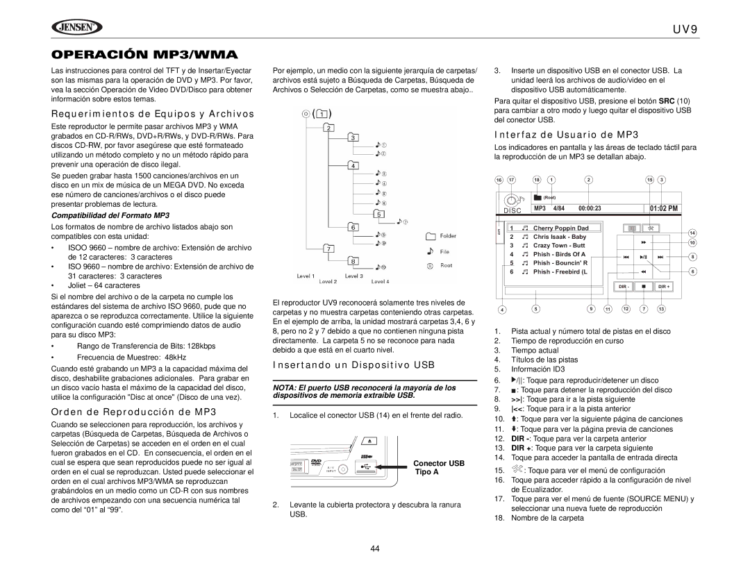 Jensen instruction manual UV9 Operación MP3/WMA, Requerimientos de Equipos y Archivos, Orden de Reproducción de MP3 