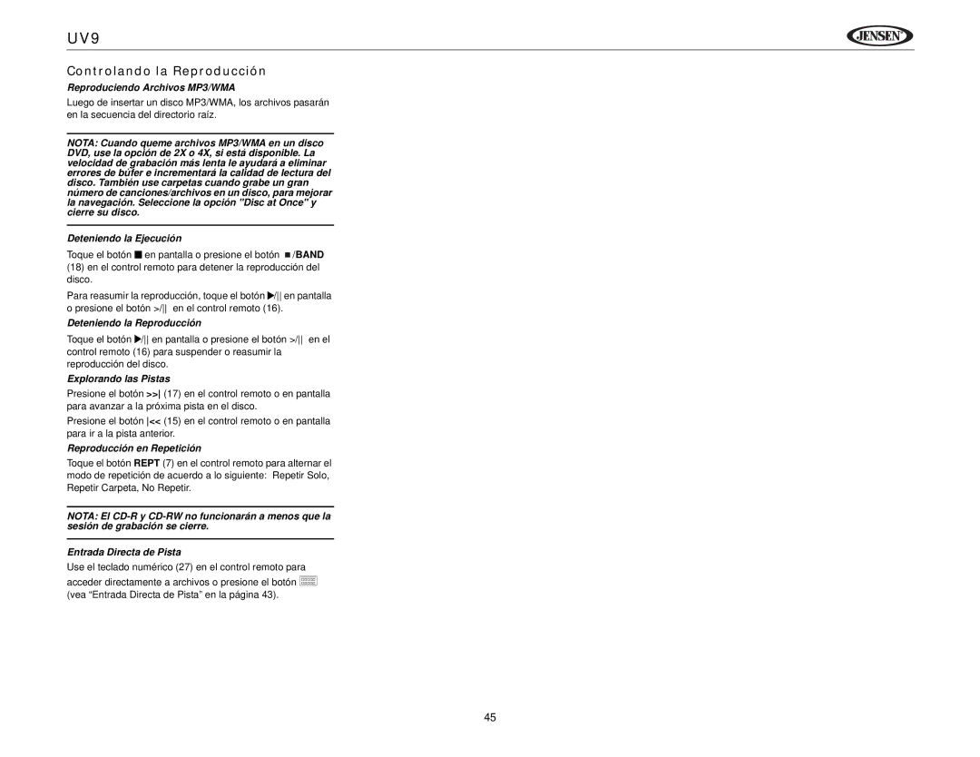 Jensen UV9 instruction manual Reproduciendo Archivos MP3/WMA 