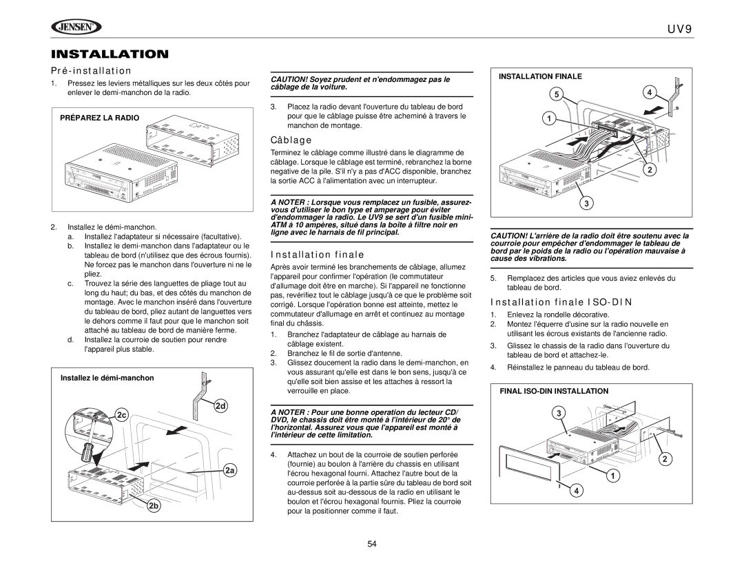 Jensen UV9 instruction manual Pré-installation, Câblage, Installation finale ISO-DIN 