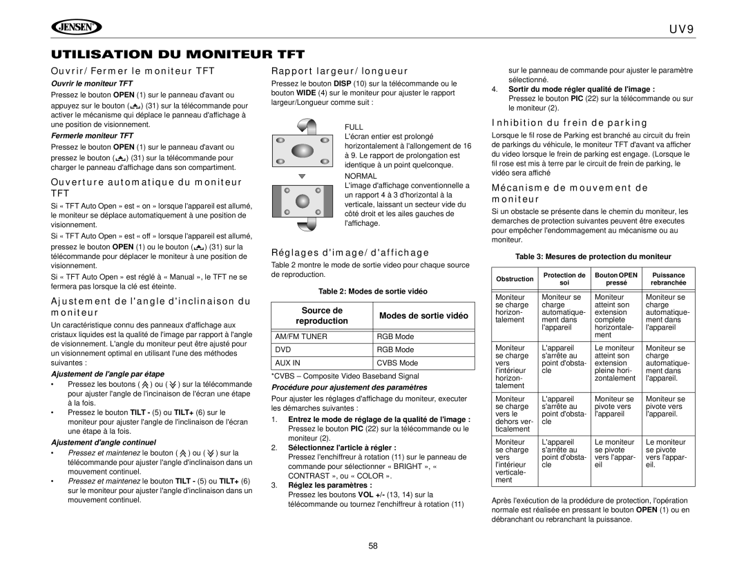 Jensen instruction manual UV9 Utilisation DU Moniteur TFT 