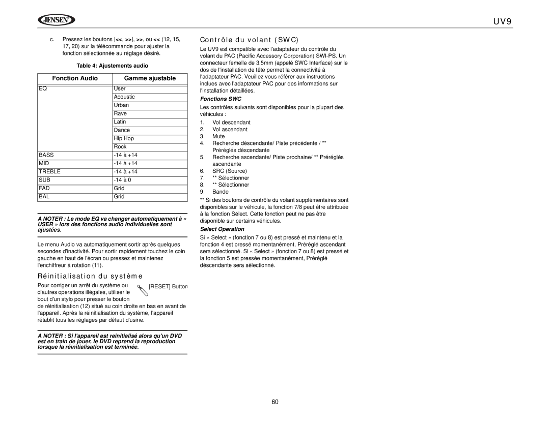 Jensen UV9 Réinitialisation du système, Contrôle du volant SWC, Fonction Audio Gamme ajustable, Ajustements audio 