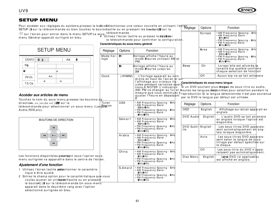 Jensen UV9 instruction manual Accéder aux articles de menu, Ajustement dune fonction, Réglage Options Fonction 