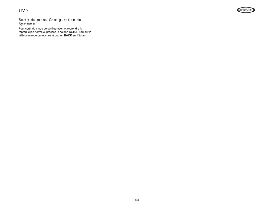 Jensen UV9 instruction manual Sortir du menu Configuration du Système 