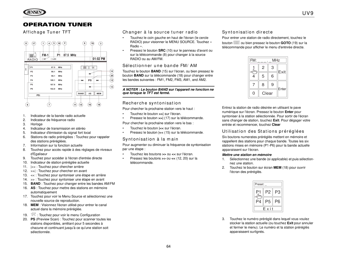 Jensen instruction manual UV9 Operation Tuner 