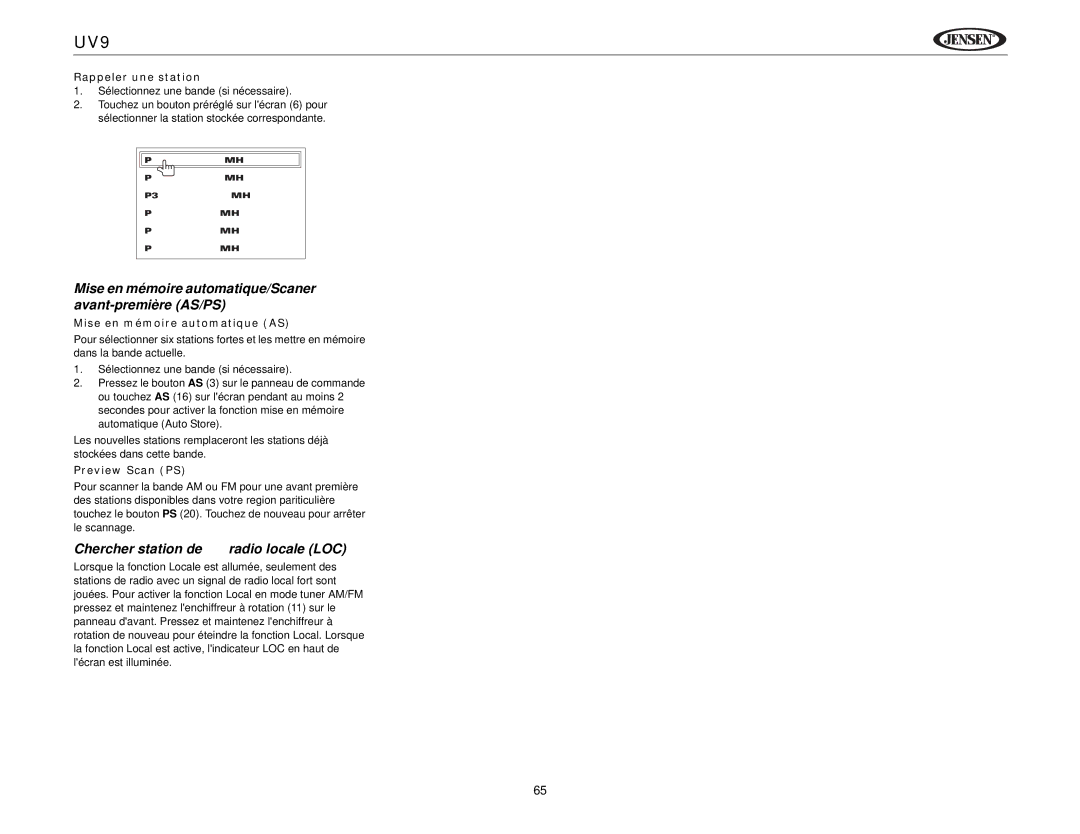 Jensen UV9 instruction manual Mise en mémoire automatique/Scaner avant-première AS/PS, Chercher station de radio locale LOC 