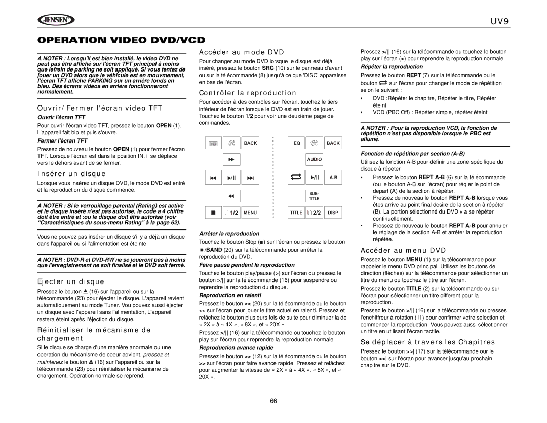 Jensen instruction manual UV9 Operation Video DVD/VCD 