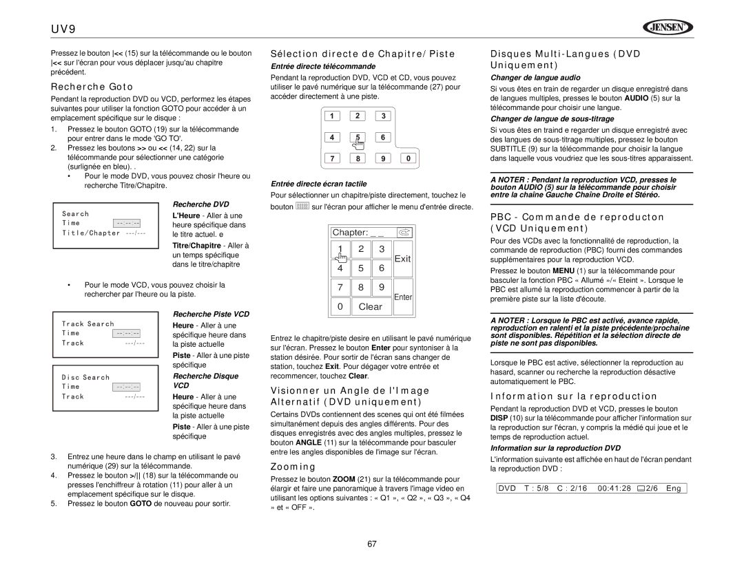Jensen UV9 Recherche Goto, Sélection directe de Chapitre/Piste, Visionner un Angle de lImage Alternatif DVD uniquement 
