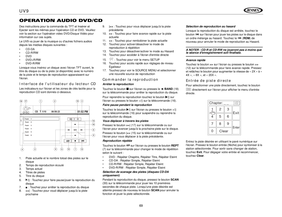 Jensen instruction manual UV9 Operation Audio DVD/CD, Interface de lutilisateur du lecteur CD, Commander la reproduction 