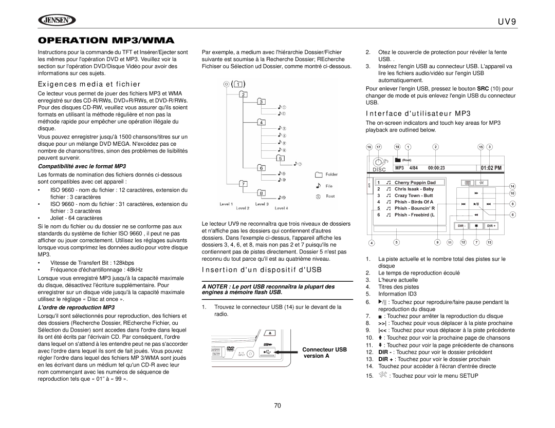 Jensen UV9 Operation MP3/WMA, Exigences media et fichier, Insertion dun dispositif dUSB, Interface dutilisateur MP3 