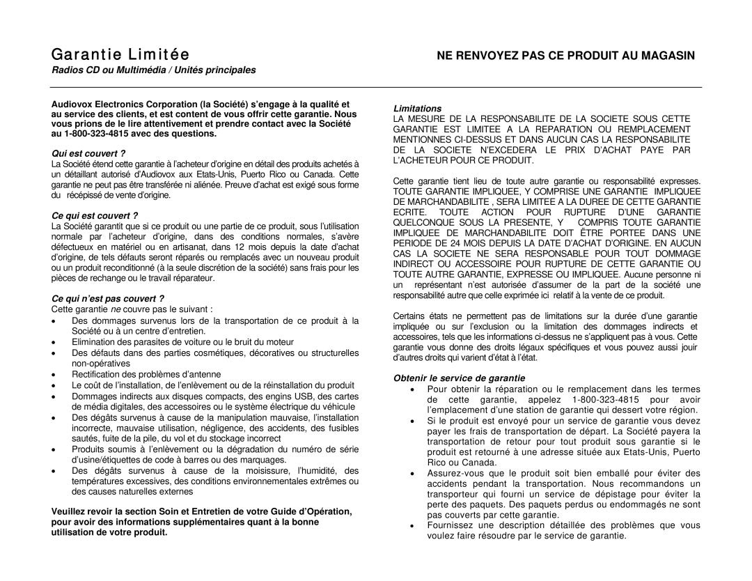 Jensen UV9 instruction manual Garantie Limitée, NE Renvoyez PAS CE Produit AU Magasin 