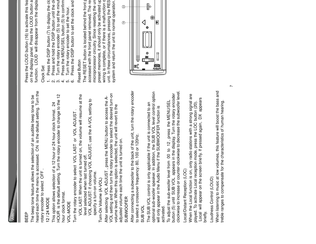 Jensen VM8012 operation manual Local/Distant Reception LOC, Loudness Control Loud, Clock Set, Reset Button 