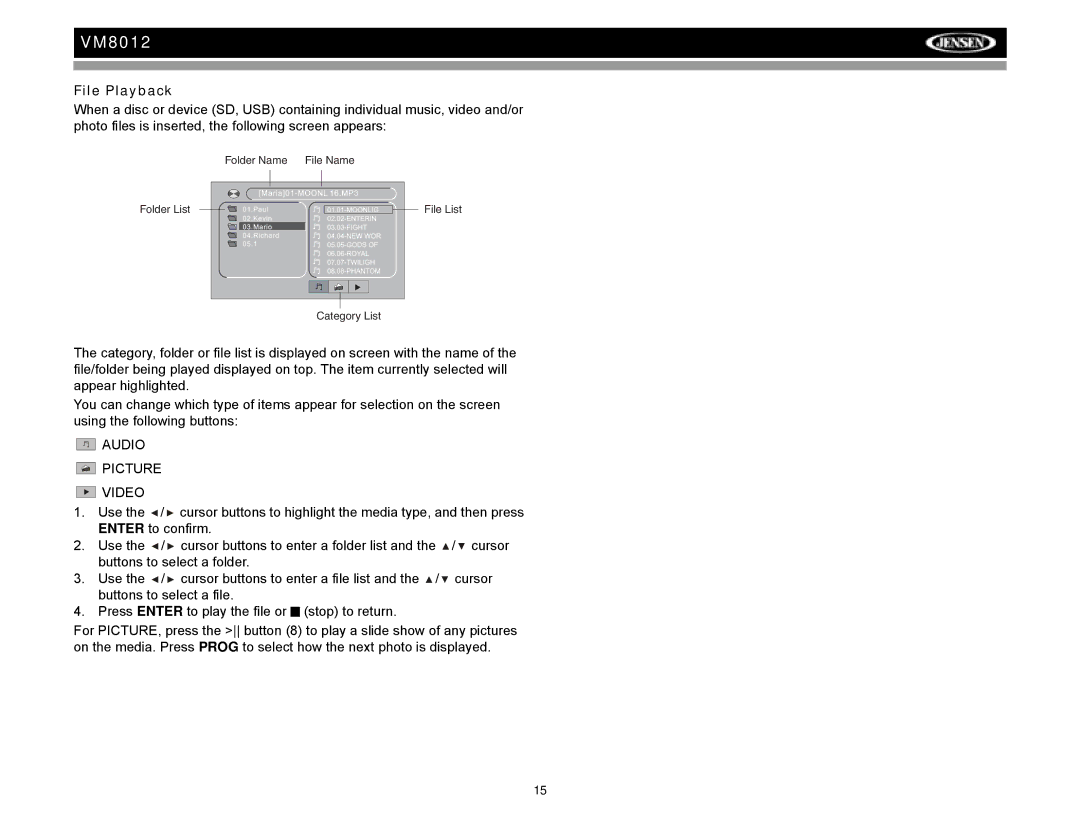 Jensen VM8012 operation manual File Playback, Picture Video 