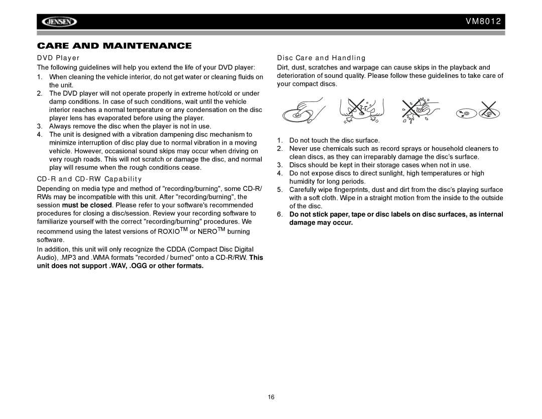 Jensen VM8012 operation manual Care and Maintenance, DVD Player, CD-R and CD-RW Capability, Disc Care and Handling 