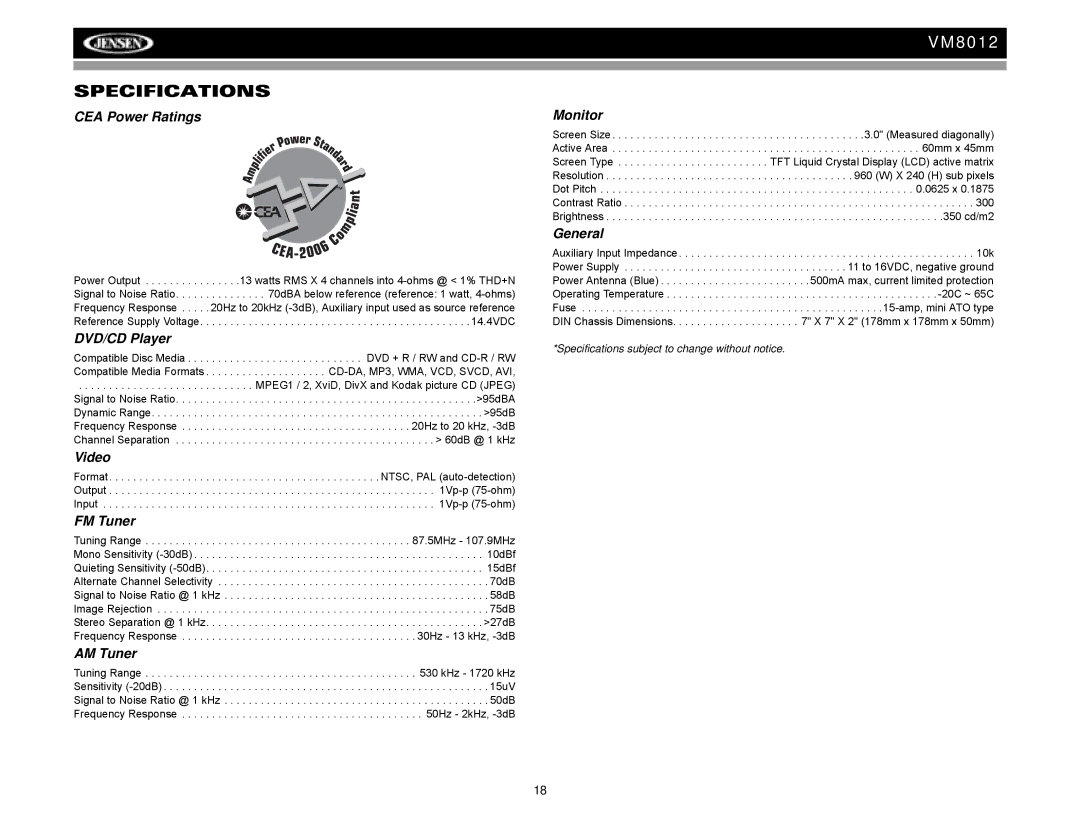 Jensen VM8012 operation manual Specifications 