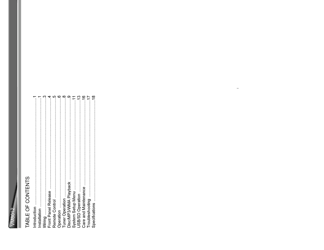 Jensen VM8012 operation manual Table of Contents 