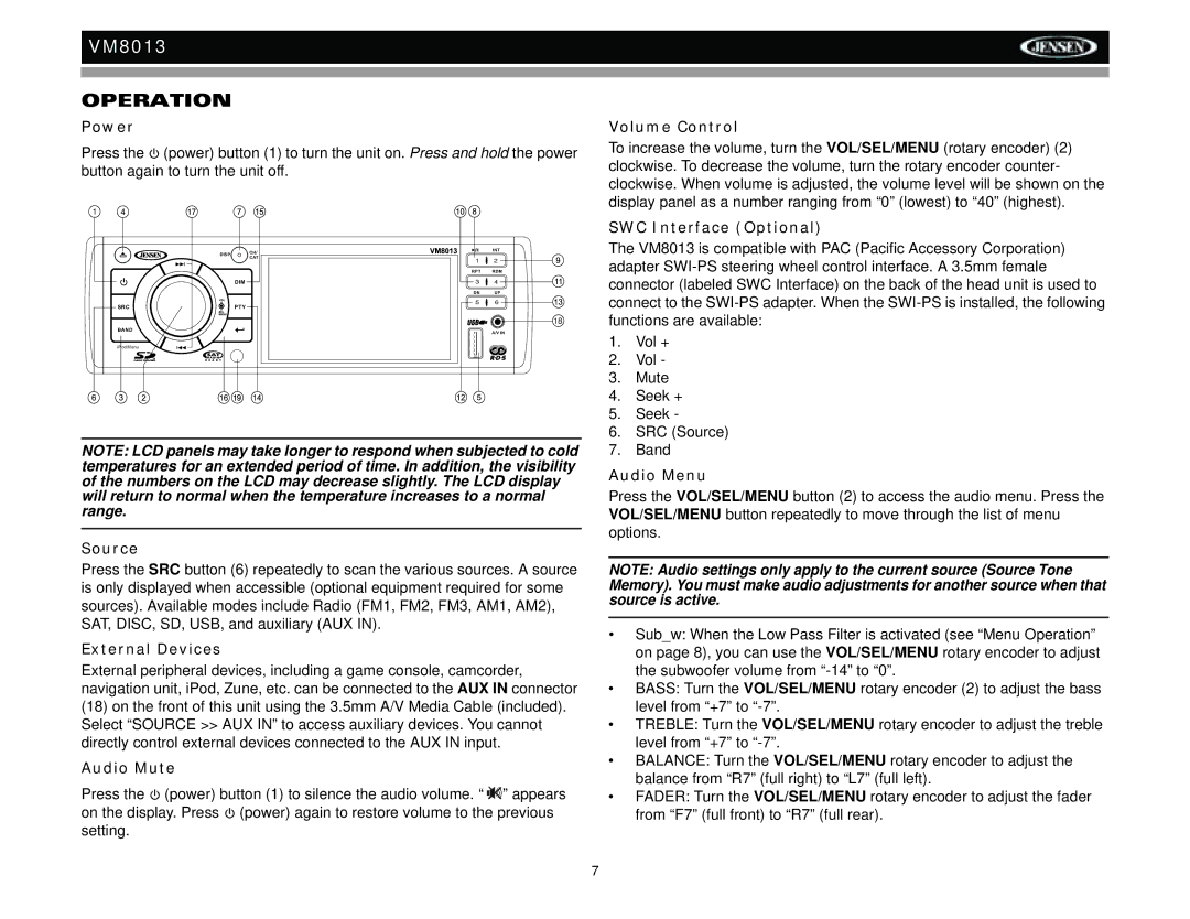 Jensen VM8013 operation manual Operation 