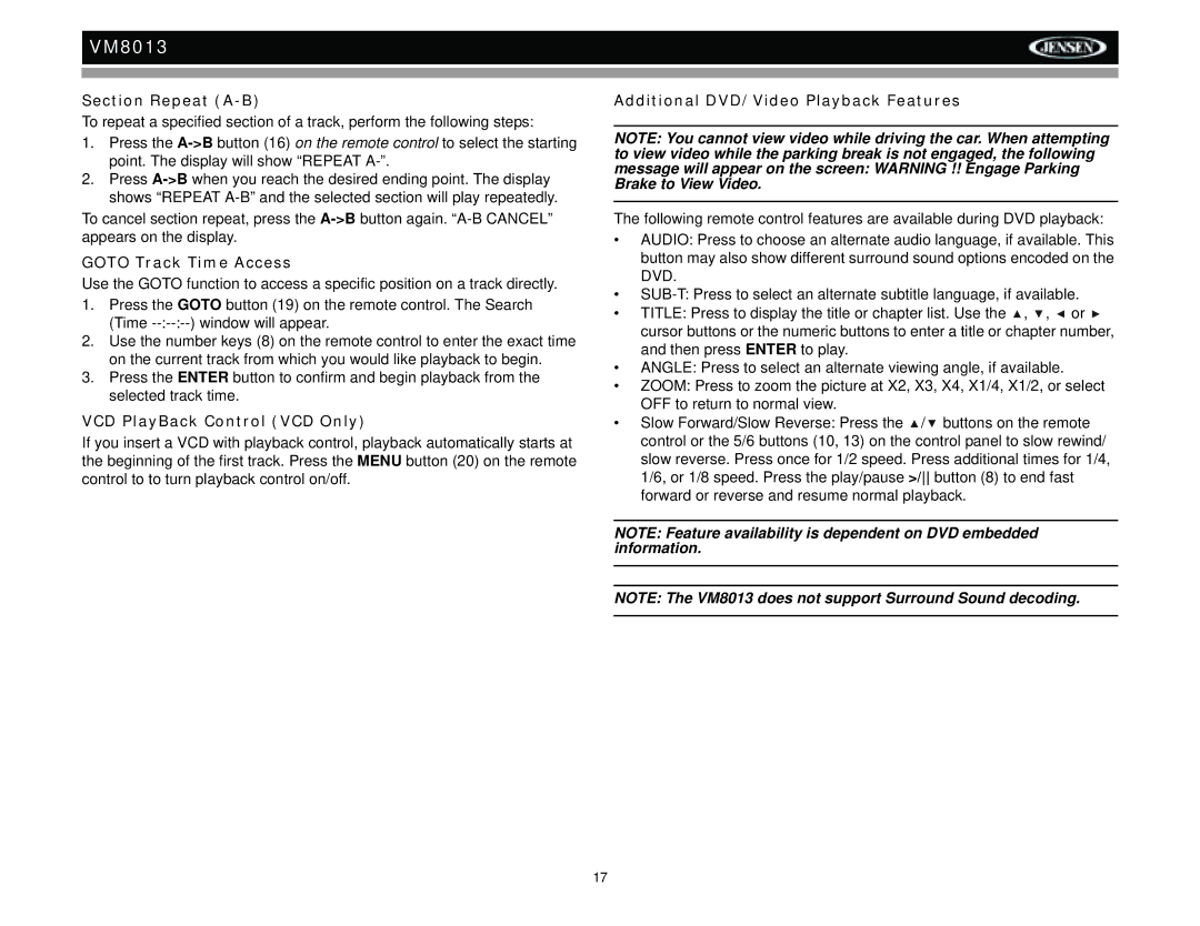 Jensen VM8013 operation manual Section Repeat A-B, Goto Track Time Access, VCD PlayBack Control VCD Only 