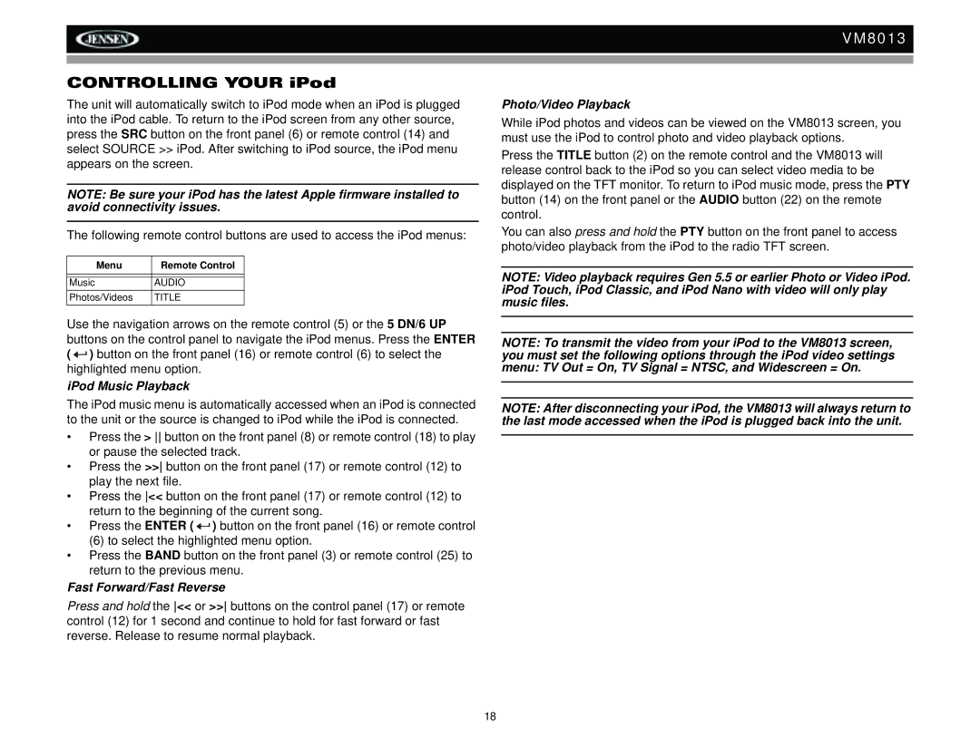 Jensen VM8013 operation manual IPod Music Playback, Fast Forward/Fast Reverse, Photo/Video Playback 