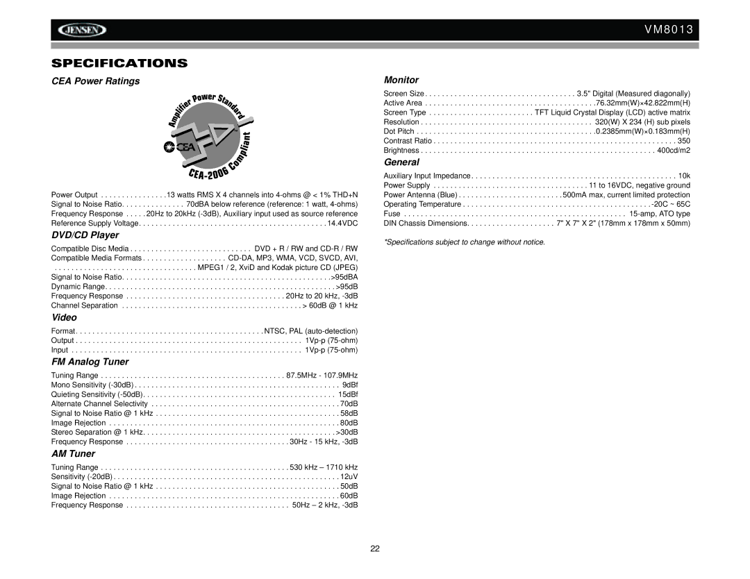 Jensen VM8013 operation manual Specifications 