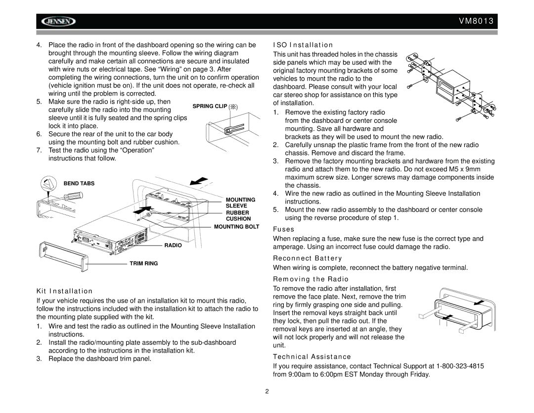 Jensen VM8013 Kit Installation, ISO Installation, Fuses, Reconnect Battery, Removing the Radio, Technical Assistance 