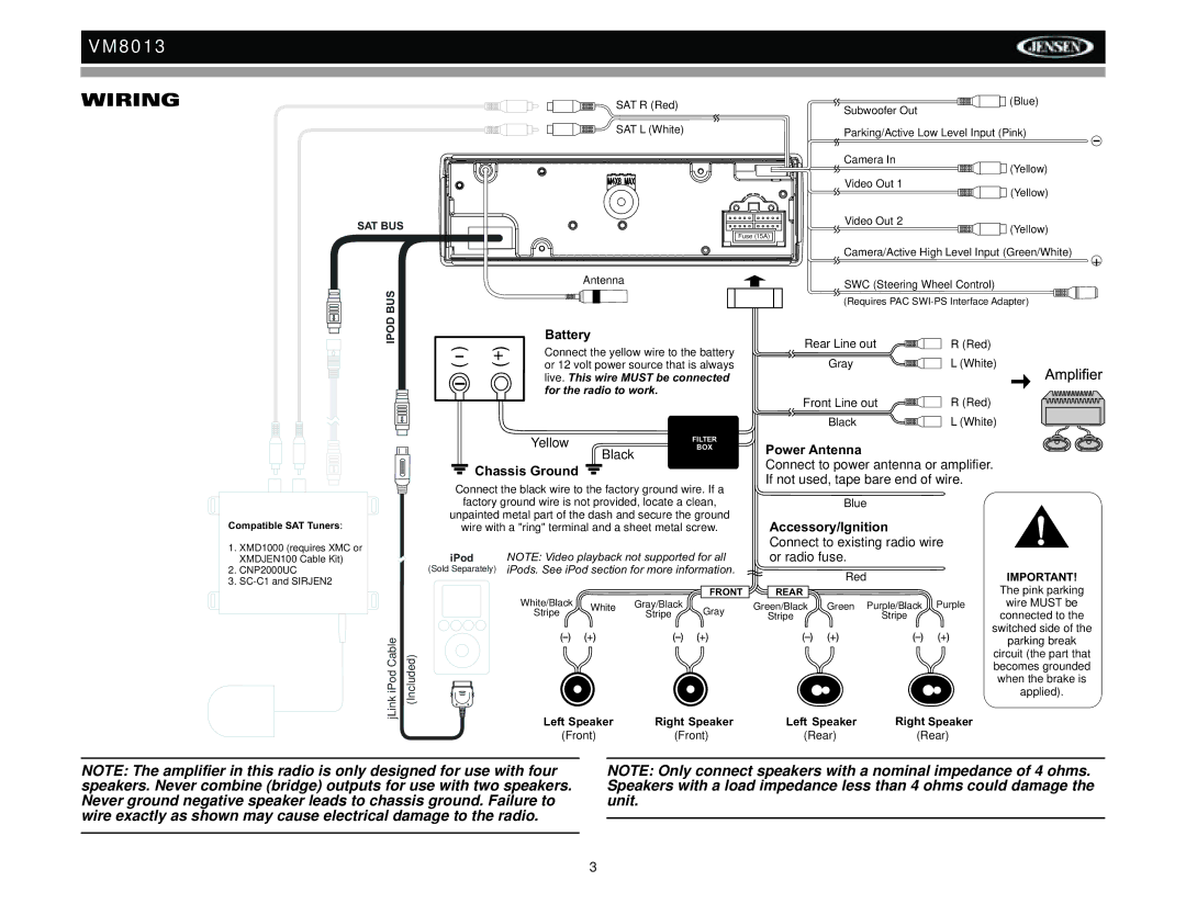 Jensen VM8013 operation manual Wiring, Sat Bus 