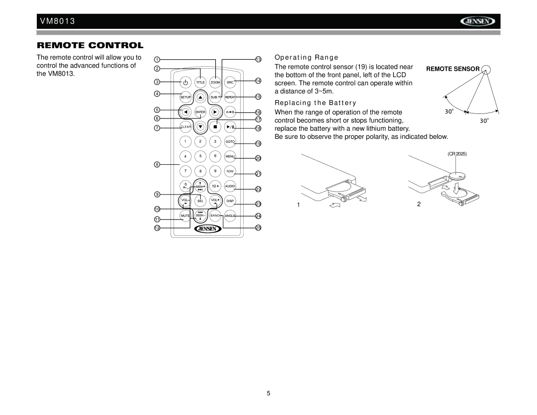 Jensen VM8013 operation manual Remote Control, Operating Range, Replacing the Battery 