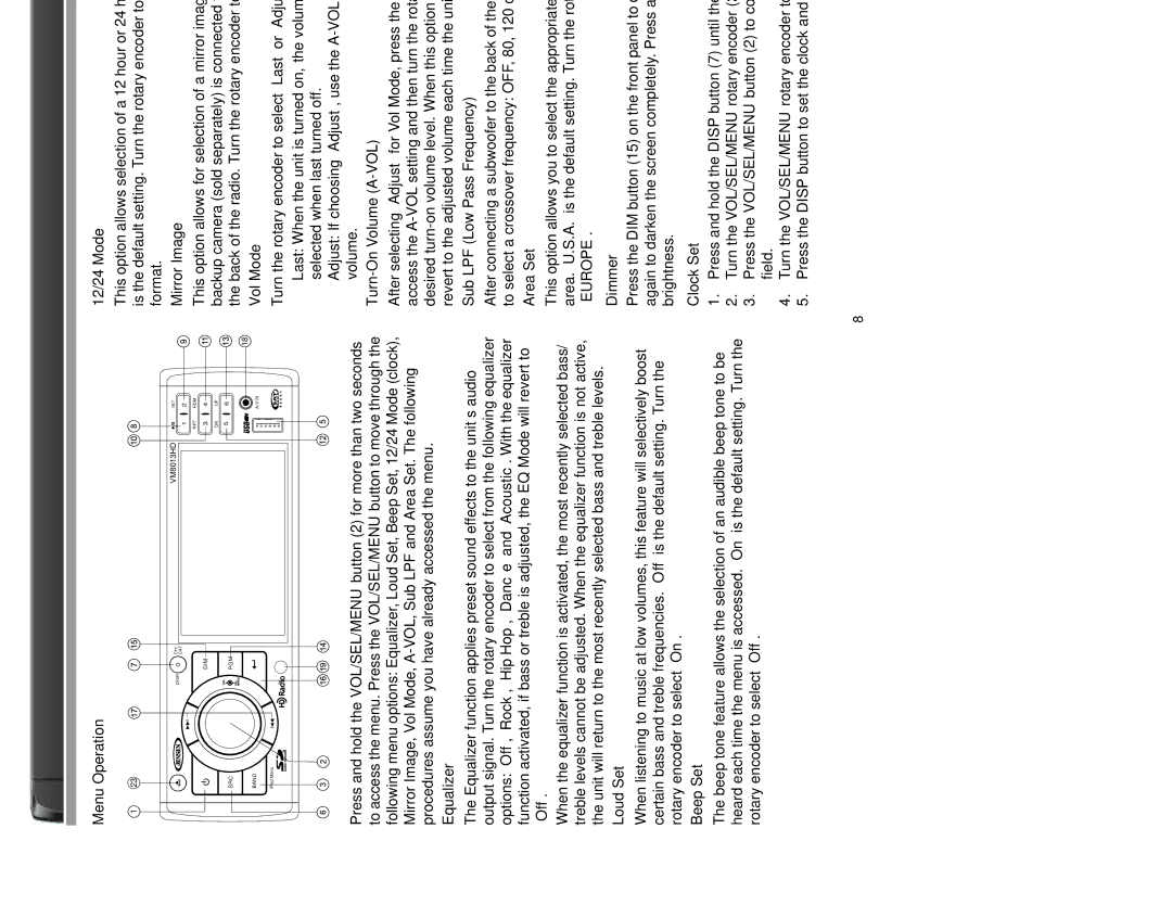 Jensen VM8013HD operation manual Menu Operation, Dimmer, Clock Set 