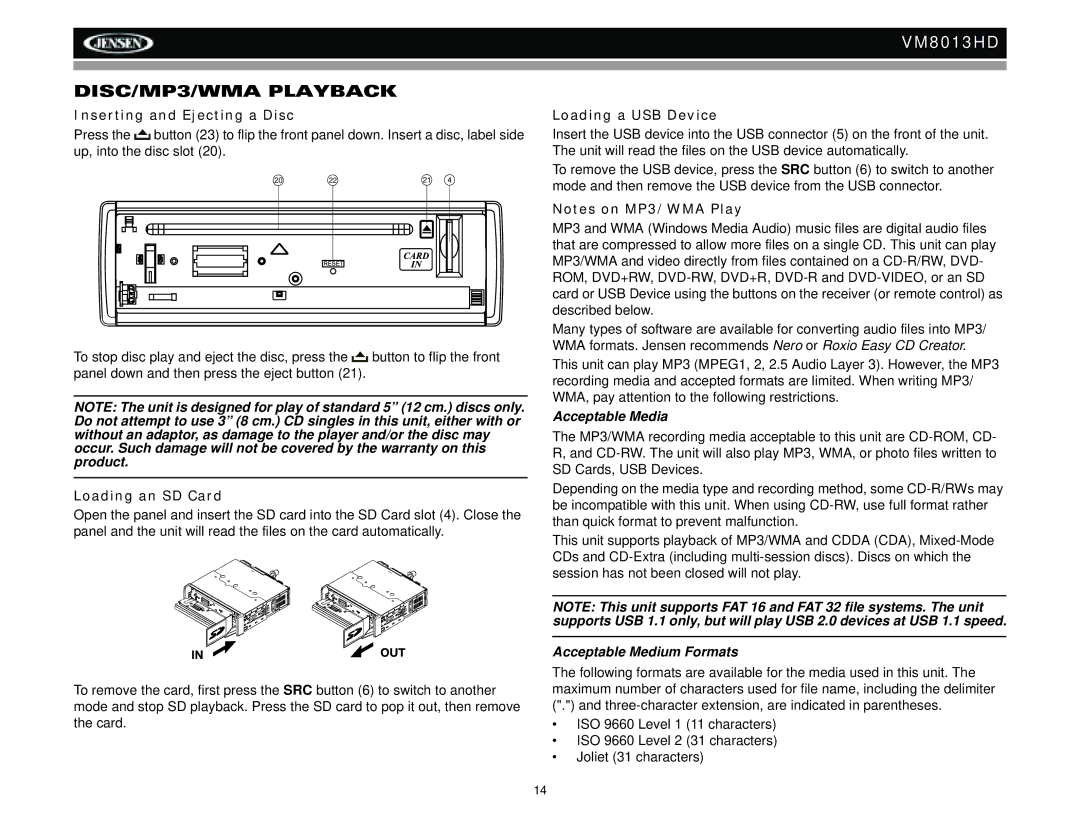 Jensen VM8013HD DISC/MP3/WMA Playback, Inserting and Ejecting a Disc, Loading an SD Card, Loading a USB Device 