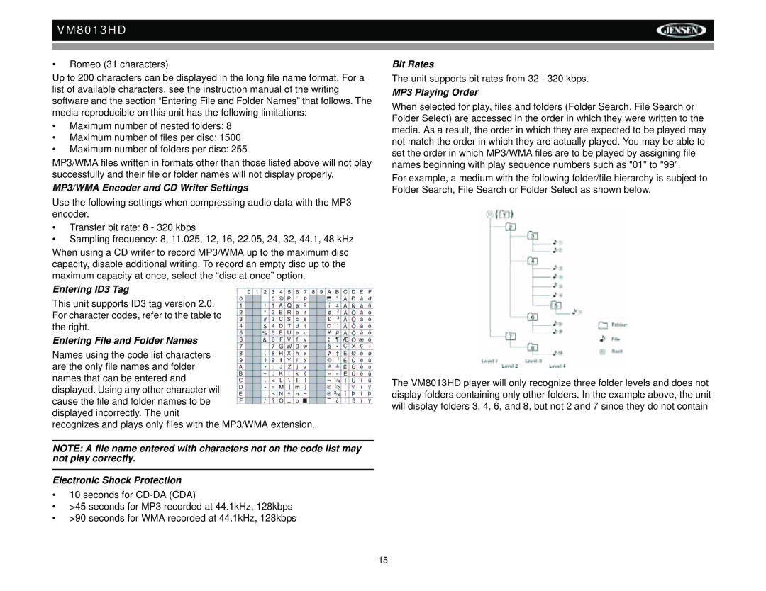 Jensen VM8013HD MP3/WMA Encoder and CD Writer Settings, Entering ID3 Tag, Entering File and Folder Names, Bit Rates 