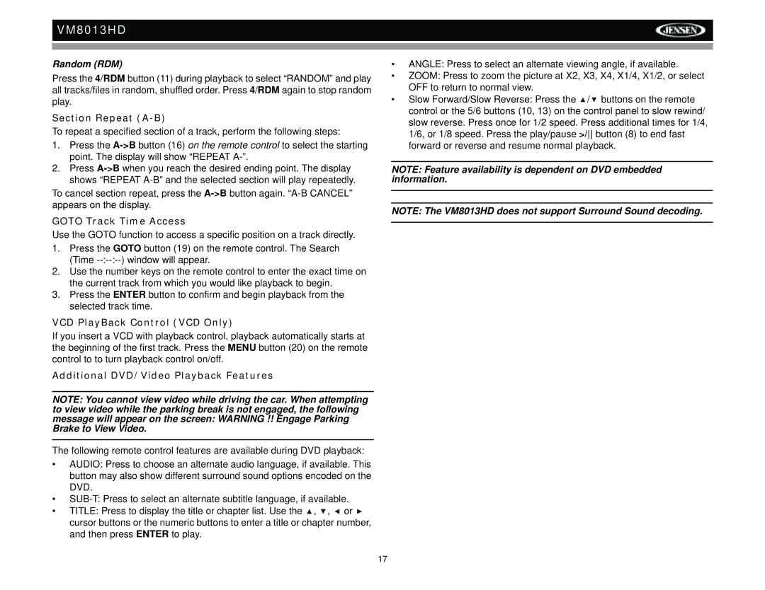 Jensen VM8013HD operation manual Random RDM, Section Repeat A-B, Goto Track Time Access, VCD PlayBack Control VCD Only 