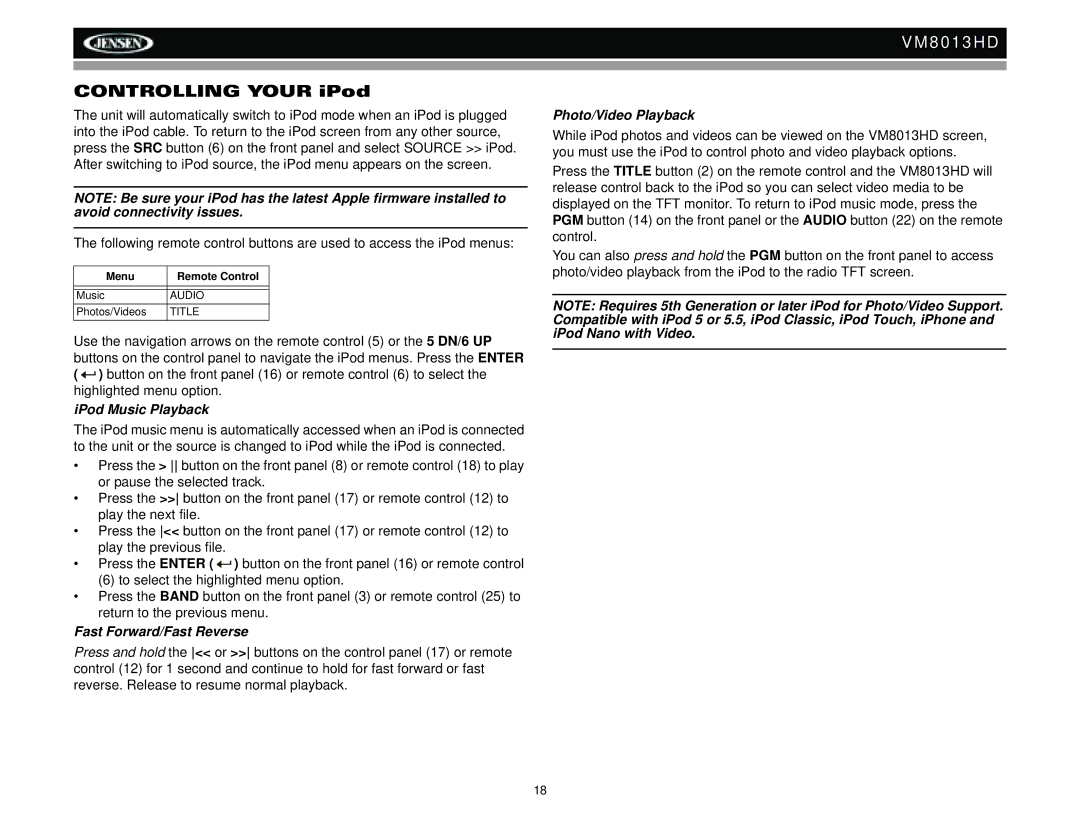 Jensen VM8013HD Controlling Your iPod, IPod Music Playback, Fast Forward/Fast Reverse, Photo/Video Playback 