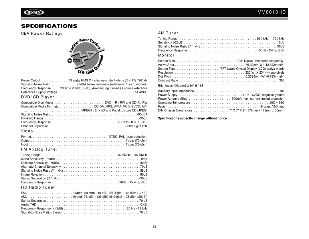 Jensen VM8013HD operation manual Specifications 