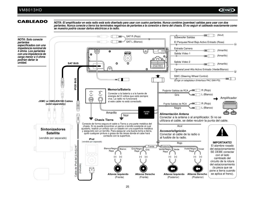 Jensen VM8013HD operation manual Cableado 