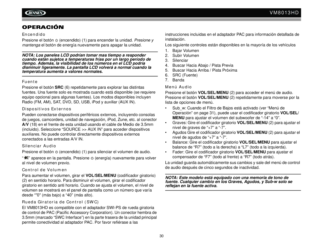 Jensen VM8013HD operation manual Operación 