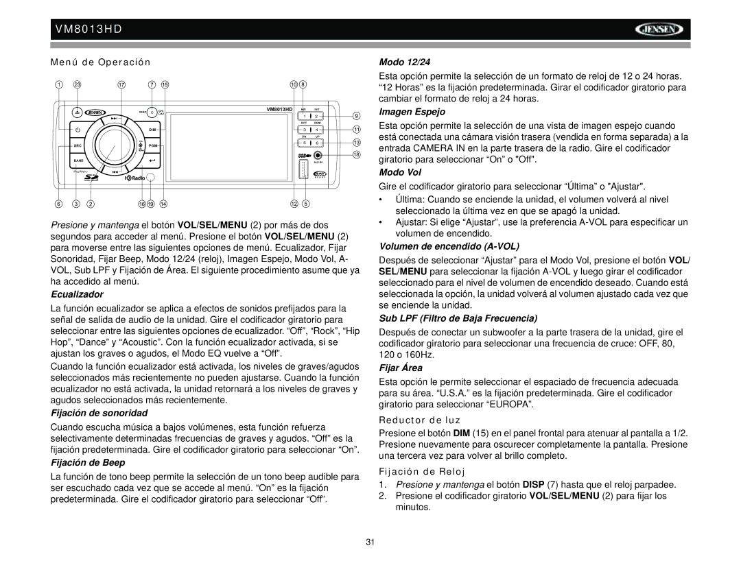 Jensen VM8013HD operation manual Menú de Operación, Reductor de luz, Fijación de Reloj 