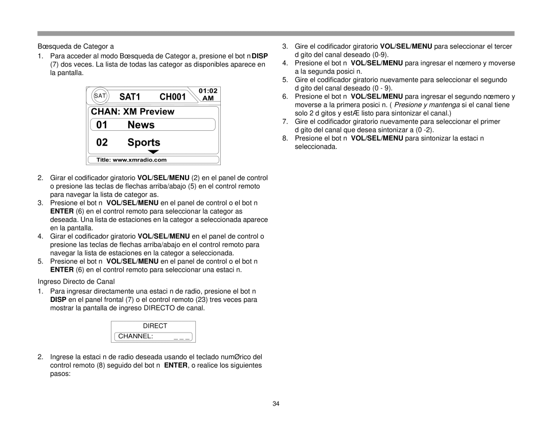 Jensen VM8013HD operation manual Búsqueda de Categoría, Ingreso Directo de Canal 