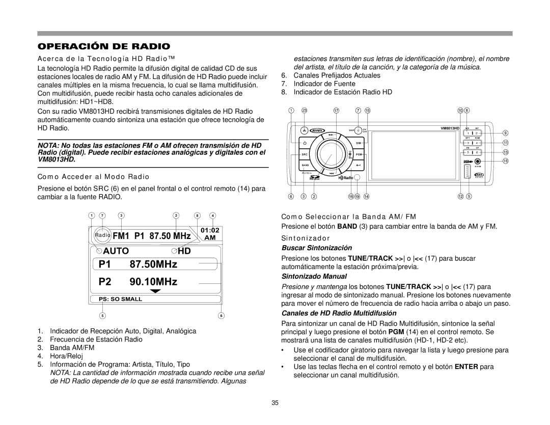 Jensen VM8013HD Operación DE Radio, Acerca de la Tecnología HD Radio, Como Acceder al Modo Radio, Sintonizador 