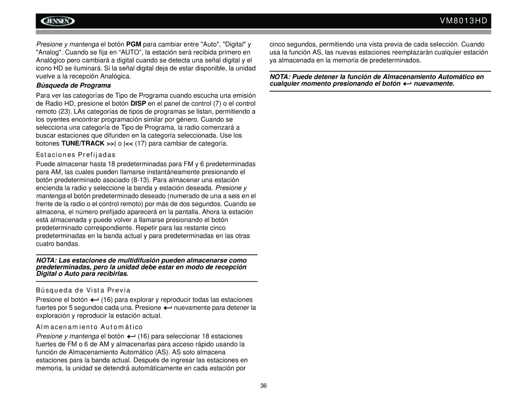 Jensen VM8013HD Búsqueda de Programa, Estaciones Prefijadas, Búsqueda de Vista Previa, Almacenamiento Automático 