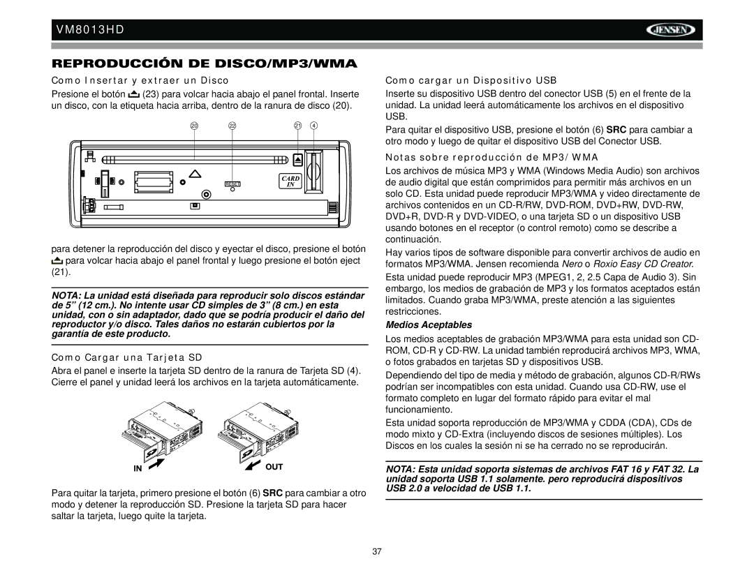 Jensen VM8013HD Reproducción DE DISCO/MP3/WMA, Como Insertar y extraer un Disco, Como Cargar una Tarjeta SD 