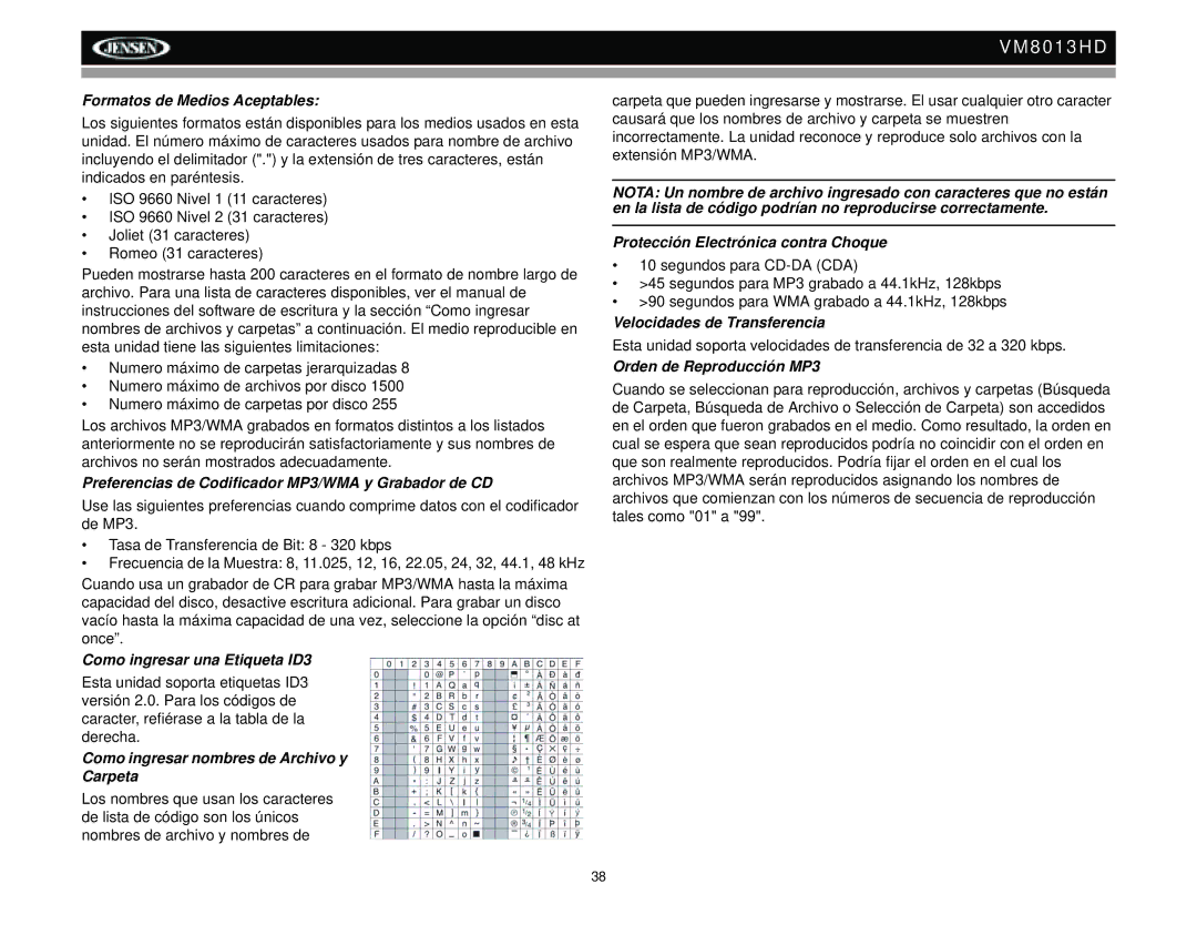 Jensen VM8013HD operation manual Formatos de Medios Aceptables, Preferencias de Codificador MP3/WMA y Grabador de CD 