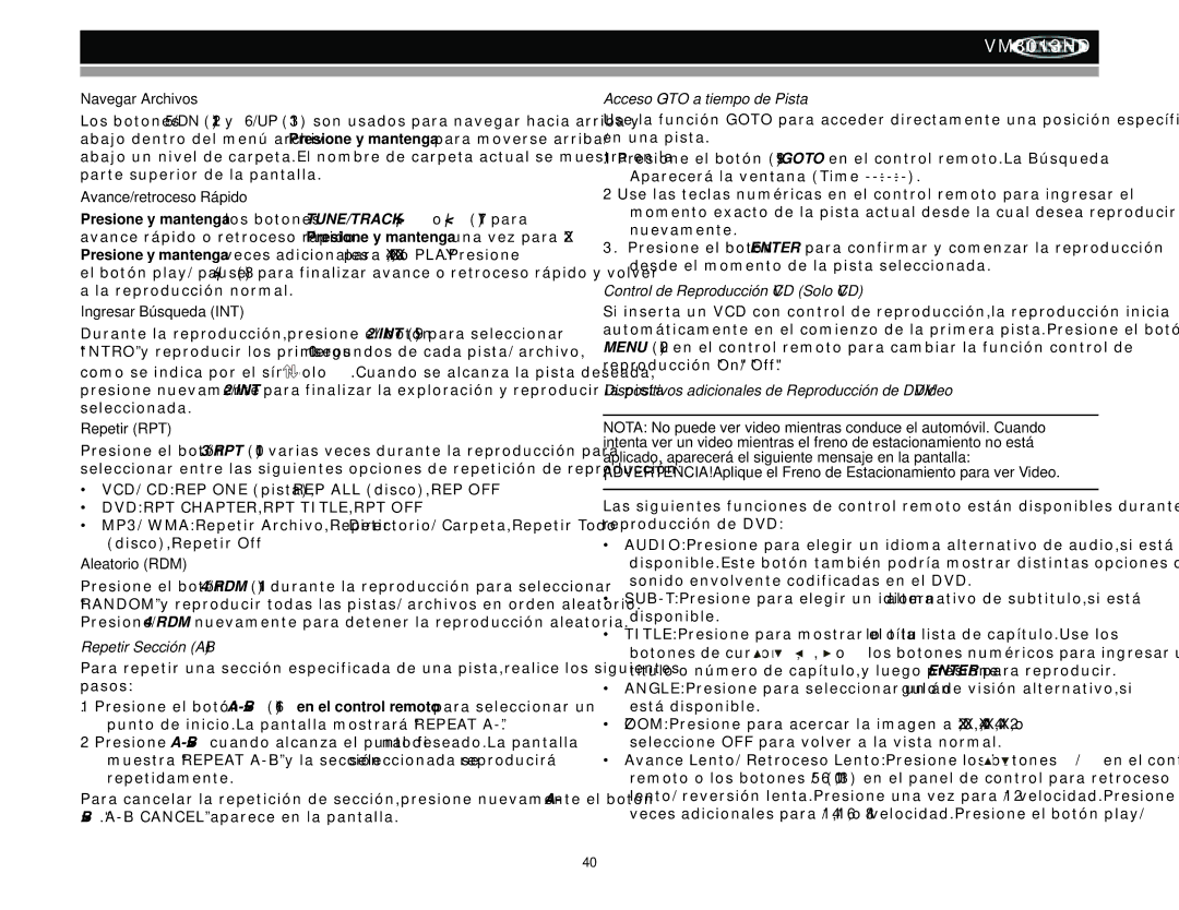 Jensen VM8013HD operation manual Repetir Sección A-B, Acceso Goto a tiempo de Pista, Control de Reproducción VCD Solo VCD 