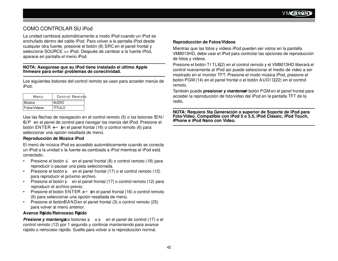 Jensen VM8013HD operation manual Como Controlar SU iPod, Reproducción de Música iPod, Avance Rápido/Retroceso Rápido 