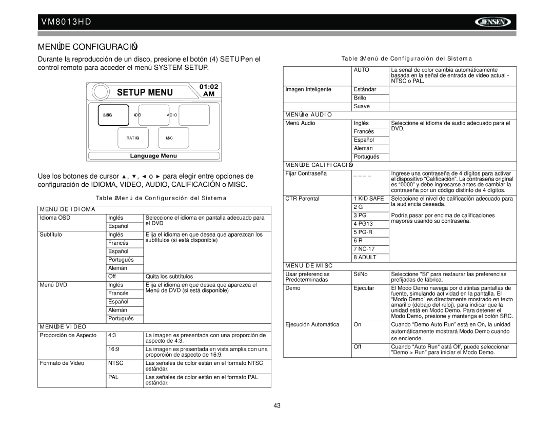 Jensen VM8013HD operation manual Menú DE Configuración, Menu DE Idioma 