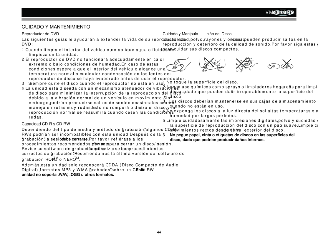 Jensen VM8013HD Cuidado Y Mantenimiento, Reproductor de DVD, Capacidad CD-R y CD-RW, Cuidado y Manipulación del Disco 