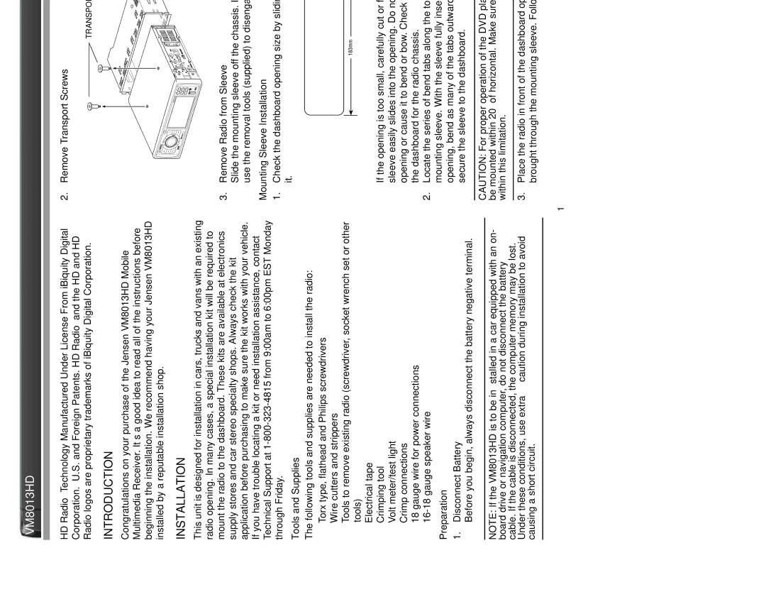 Jensen VM8013HD operation manual Introduction, Tools and Supplies, Preparation, Mounting Sleeve Installation 